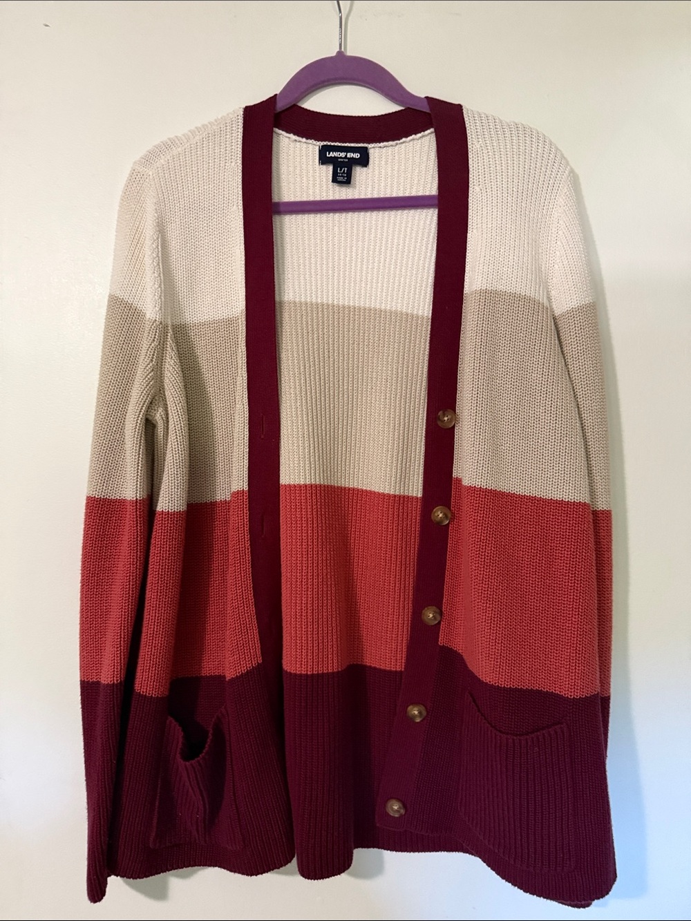 Lands' End Striped Colorblock Button Cardigan in Cream, Tan, Coral & Burgundy